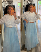 Maxi gonna con sottoveste 100% cotone a balze azzurra