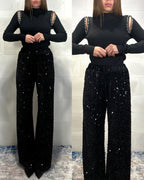 Pantalone di paillettes in ciniglia nero