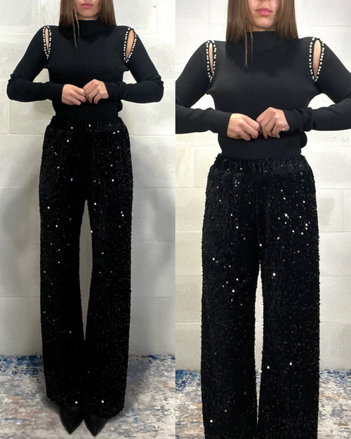 Pantalone di paillettes in ciniglia nero