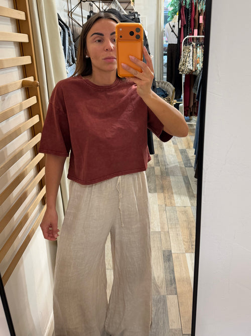 T-shirt crop 100% cotone effetto consumato rossa
