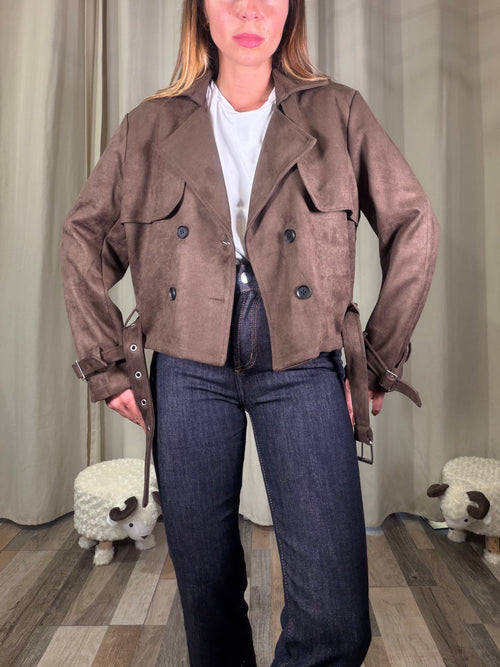 Trench corto scamosciato ecocamoscio marrone