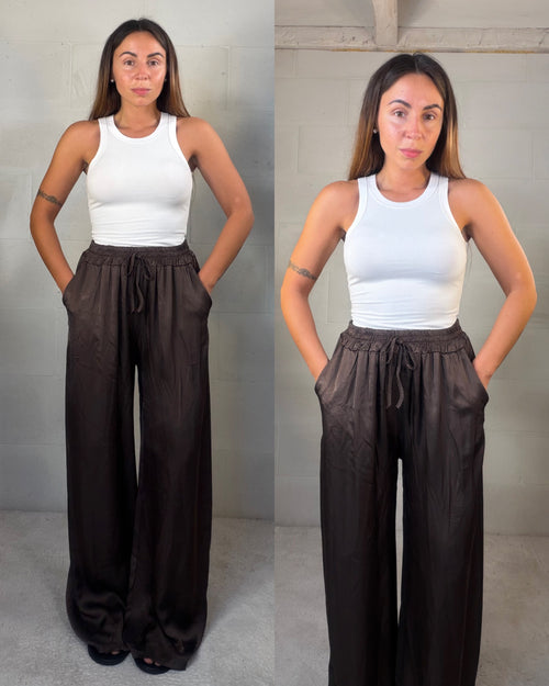 Pantalone satinato 50% cotone 50% seta marrone