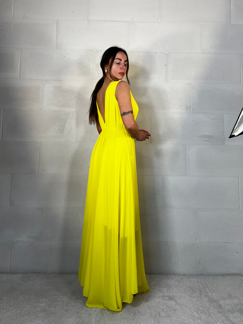 Maxi abito da cerimonia velato Indonesia giallo mimosa