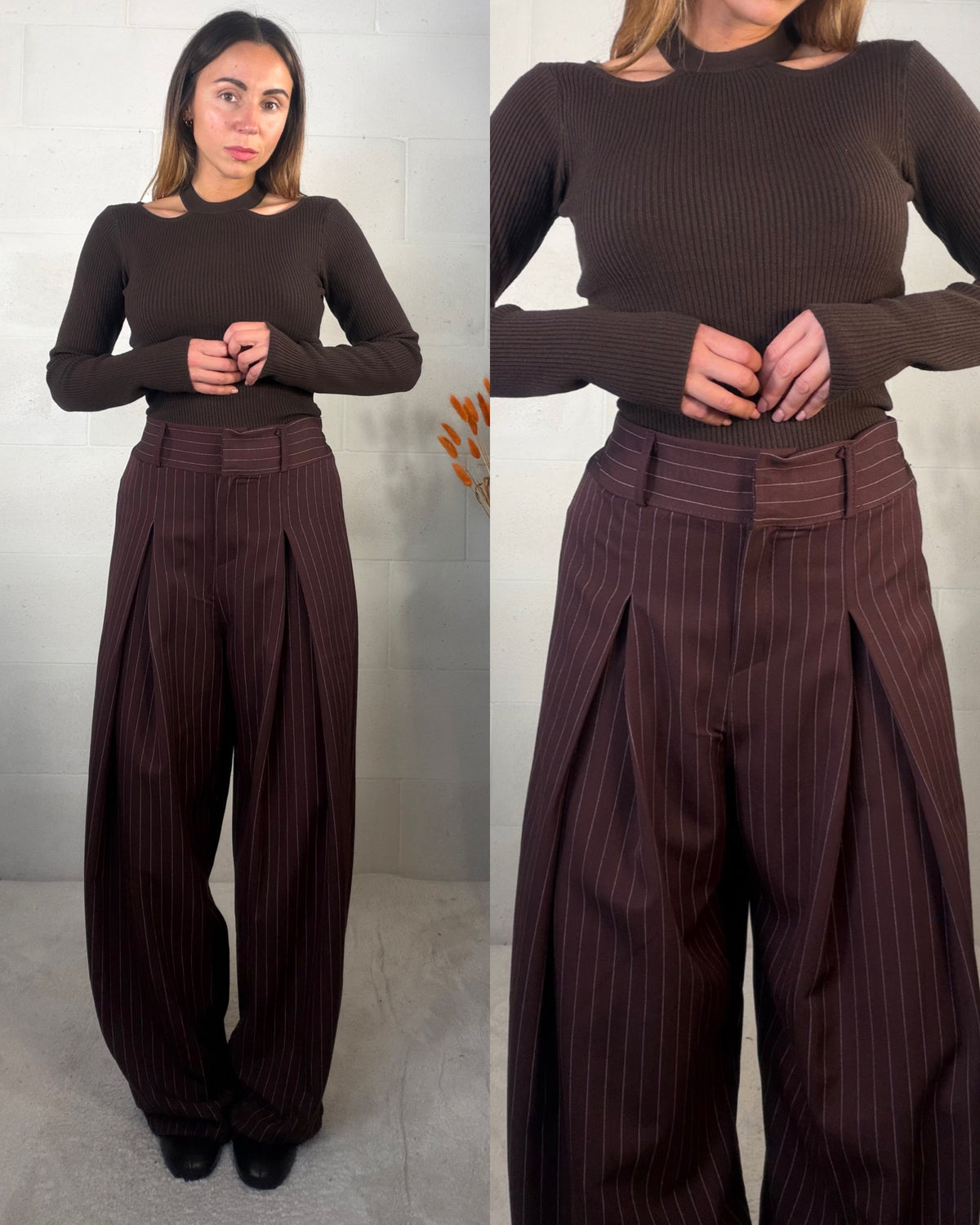Pantalone gessato Tulum con pence mogano