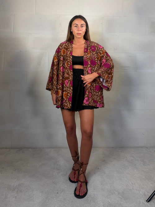 Kimono Indonesia marrone viscosa misto cotone