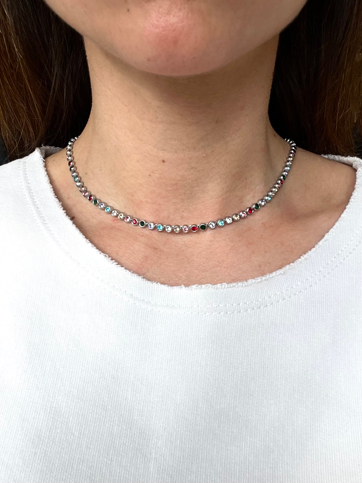 Collana Tennis a base argentata con pietre colorate