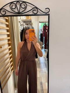 Maxi tuta in viscosa con elastico in vita marrone