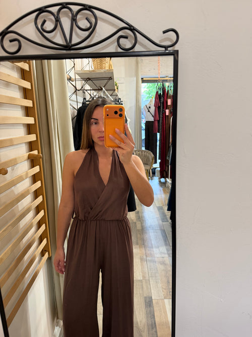 Maxi tuta in viscosa con elastico in vita marrone