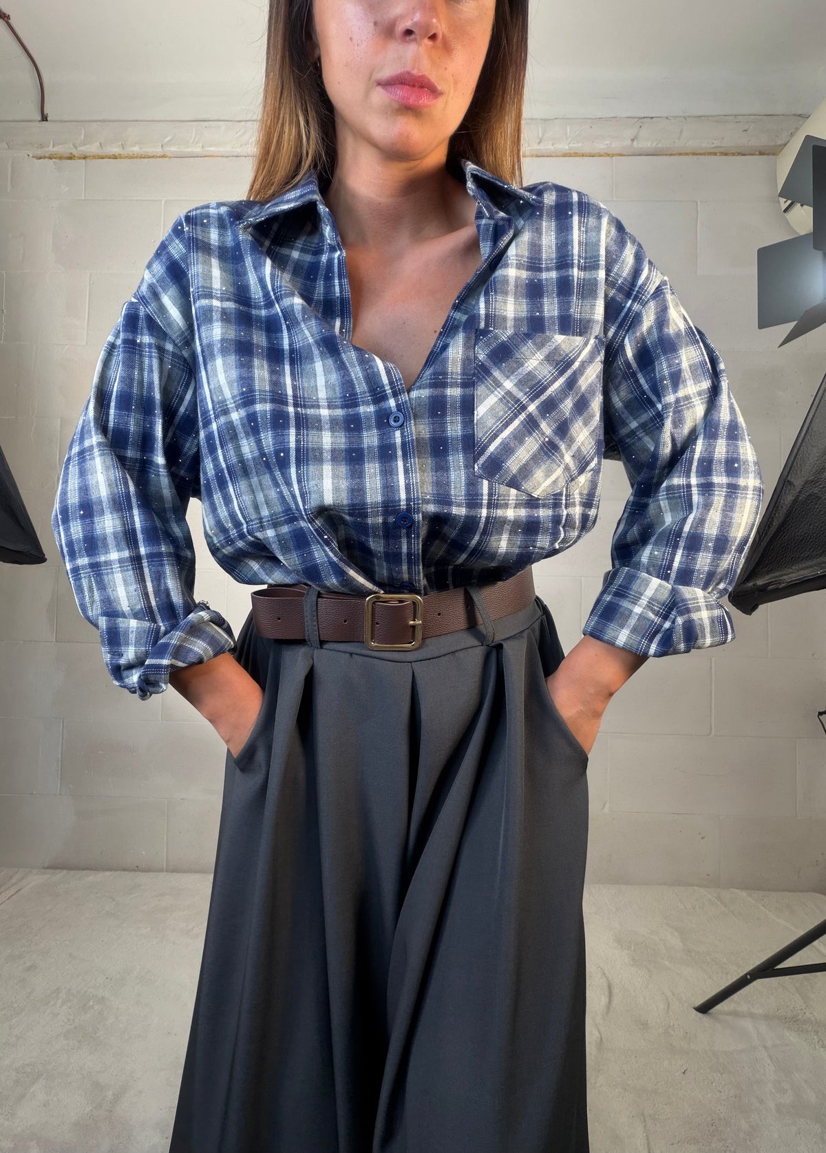 Camicia in flanella tartan blu con strass