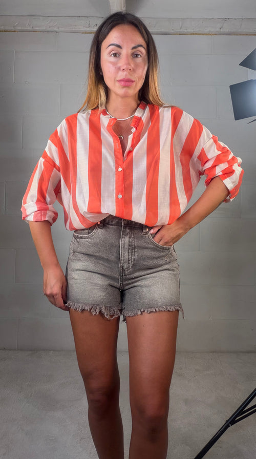 Camicia coreana a righe panna/aragosta in tencel