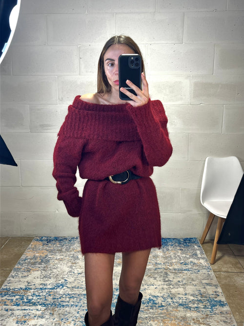 Dress simil lama spalle cadenti e risvolto bordeaux