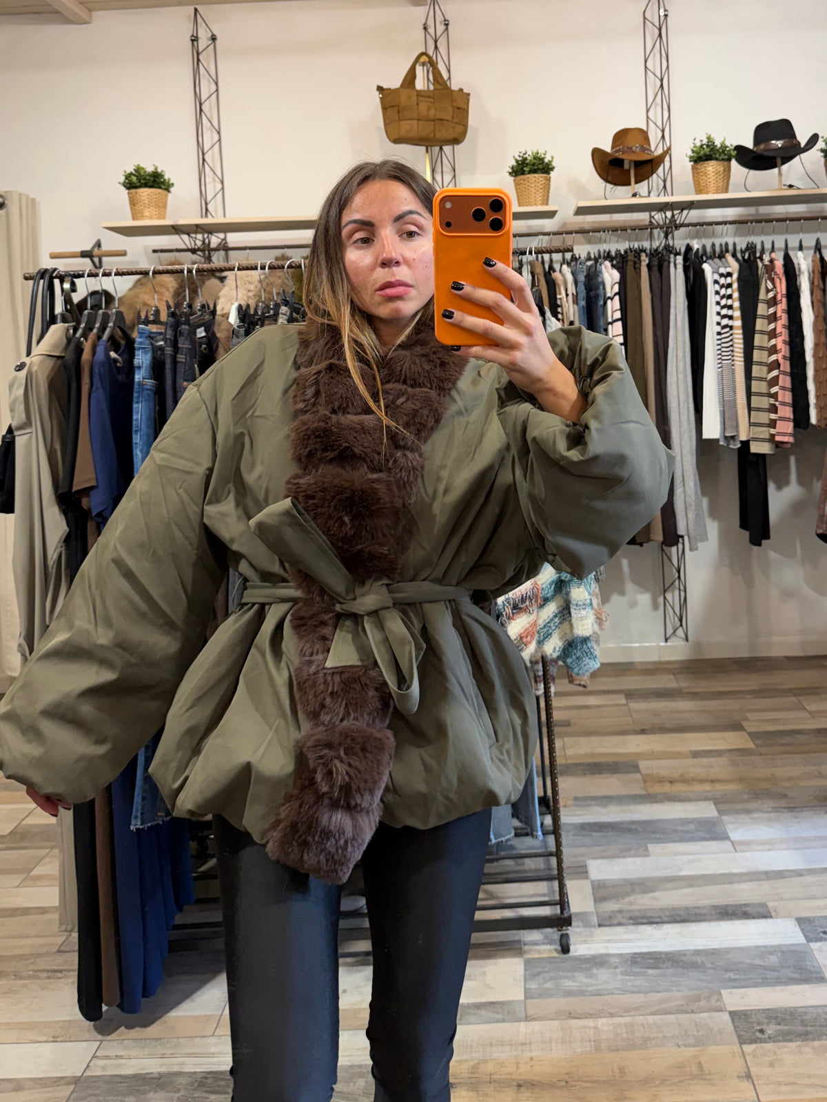 Bomber kimono Cracovia inserti in ecopelliccia con cintura annodabile verde militare