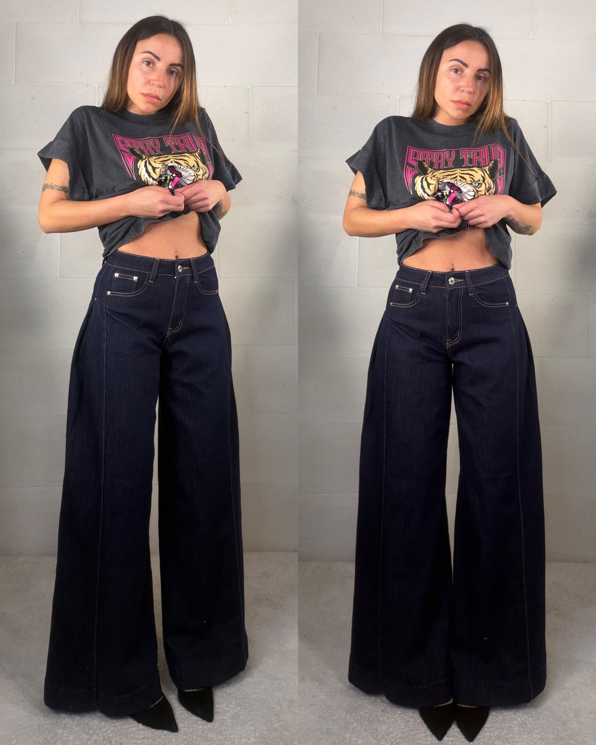 Denim blu notte pence laterali svasato