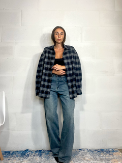 Camicia tartan in flanella over con strass blu notte