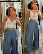Pantalone sartoriale maxi pence azzurro in viscosa