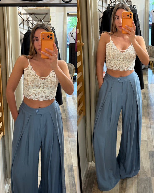 Pantalone sartoriale maxi pence azzurro in viscosa