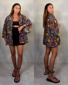 Kimono Indonesia blu viscosa misto cotone