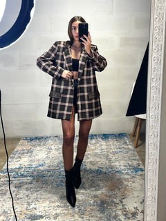 Blazer over tartan inserti ecopelle marrone