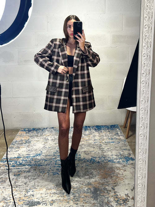 Blazer over tartan inserti ecopelle marrone