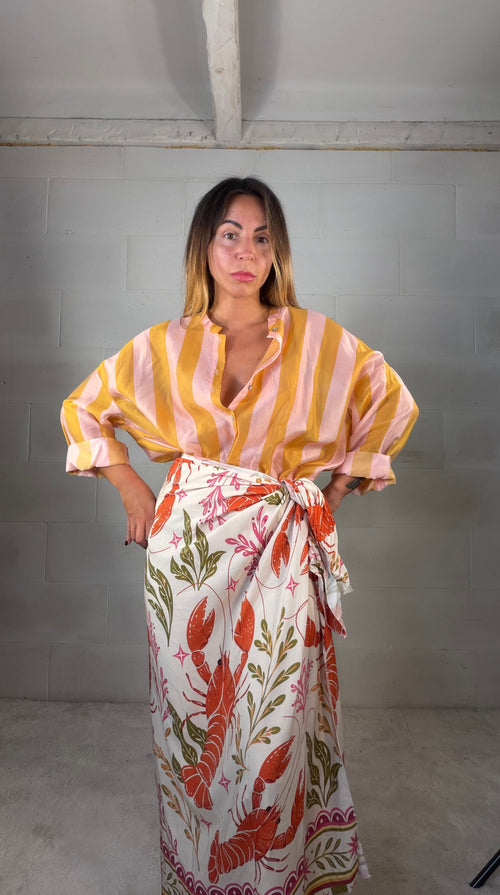 Camicia coreana a righe rosa/arancio in tencel