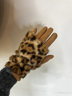 Guanti scamosciati con inserto in ecopelliccia animalier estraibile beige