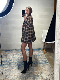 Blazer over tartan inserti ecopelle marrone