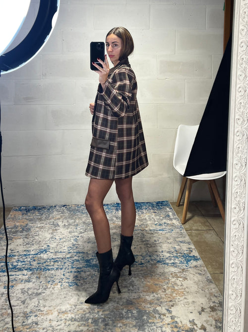 Blazer over tartan inserti ecopelle marrone