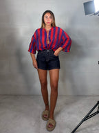 Camicia coreana a righe rosse/blu in tencel