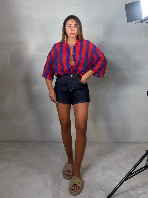 Camicia coreana a righe rosse/blu in tencel