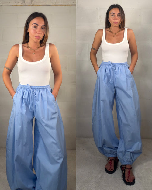 Pantalone Milano 100% cotone con elastici sul fondo azzurro