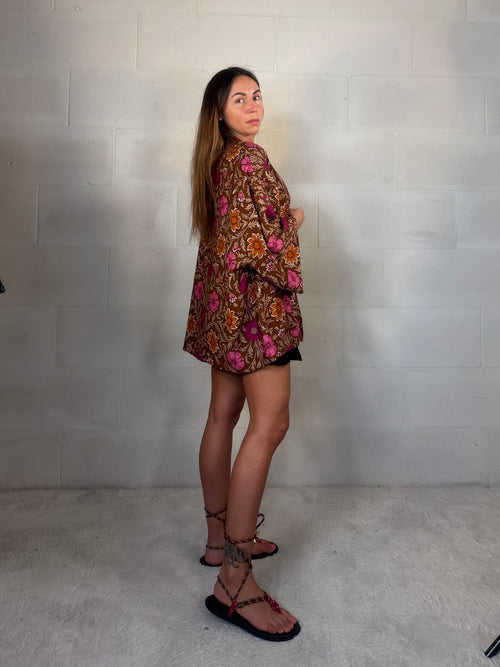 Kimono Indonesia marrone viscosa misto cotone