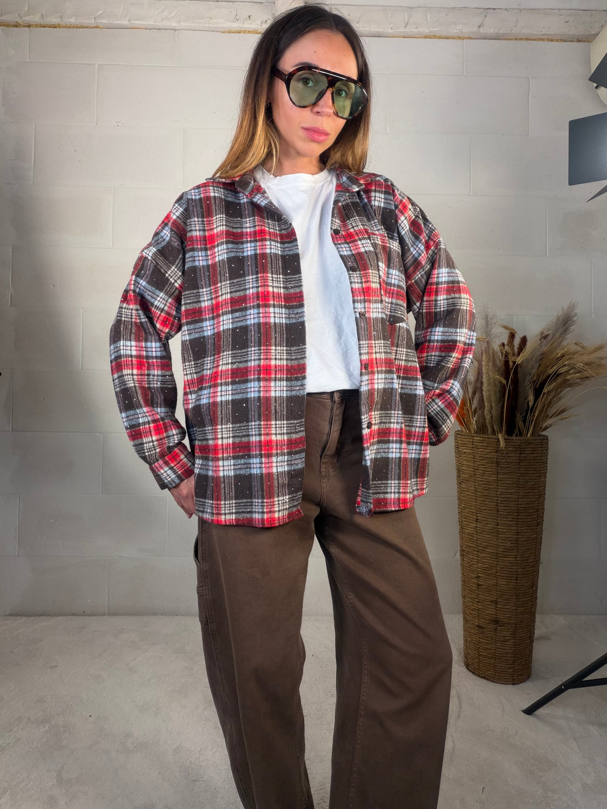Camicione in flanella tartan rossa/marrone con punti luce