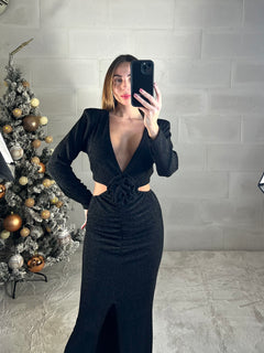 Maxi abito cut-out in lurex nero