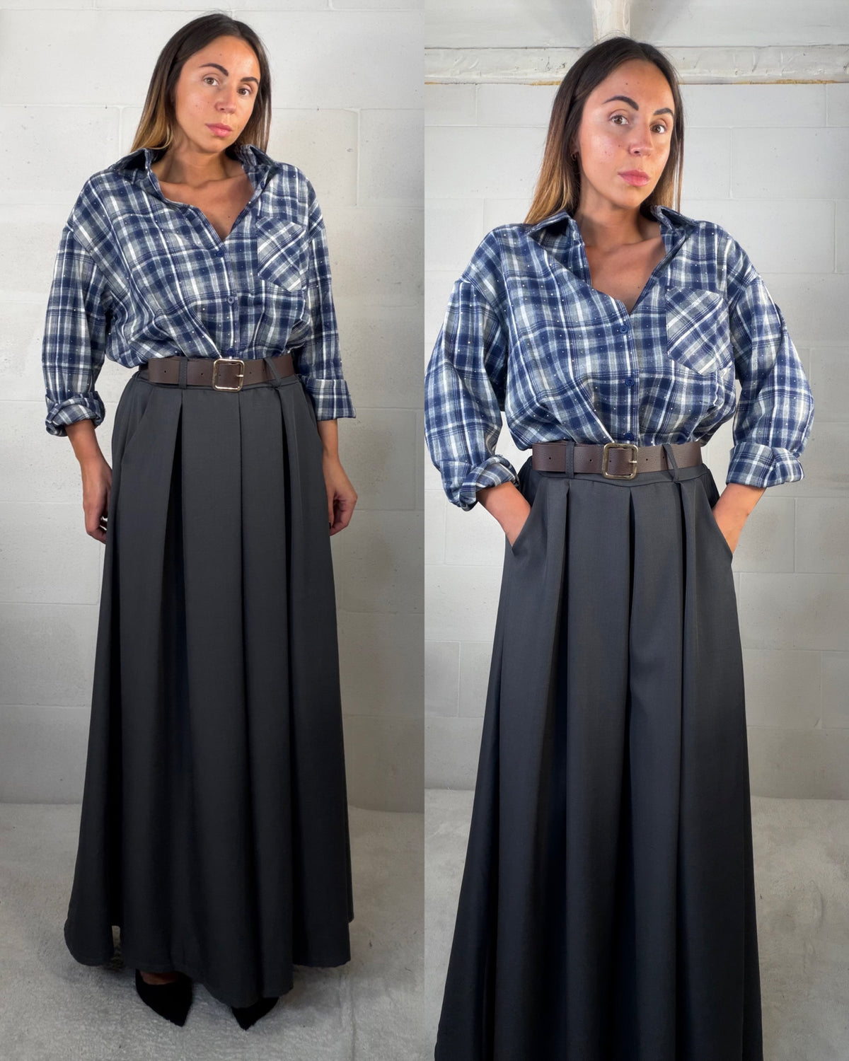 Pantalone ampio effetto gonna con pence grigio fumo