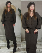 Coordinato cardigan + gonna tubino marrone