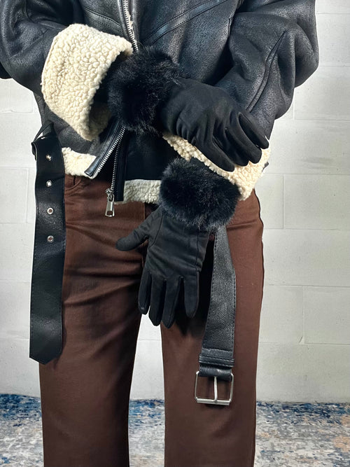 Guanti neri scamosciati con polsino in ecopelliccia