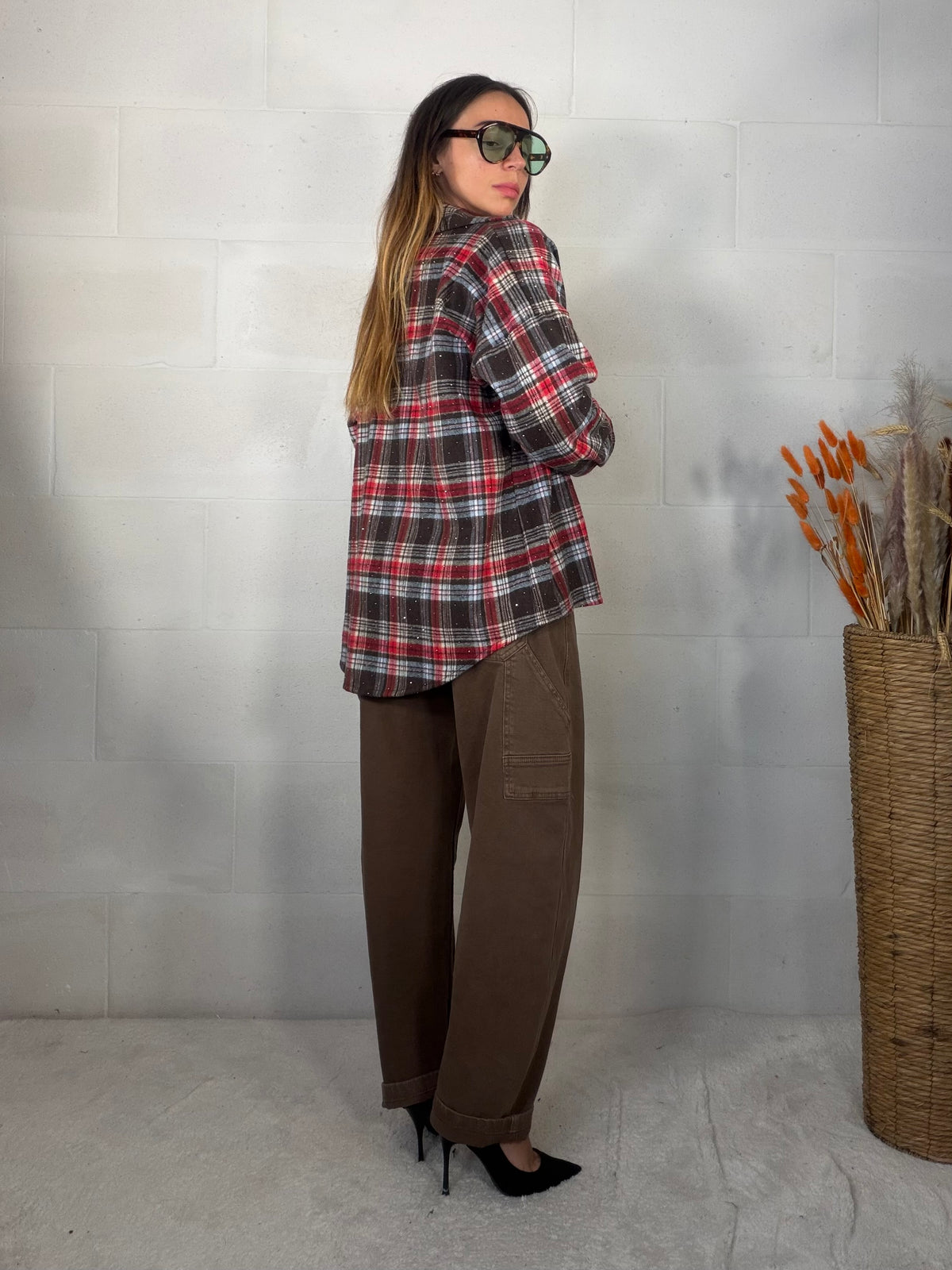 Camicione in flanella tartan rossa/marrone con punti luce