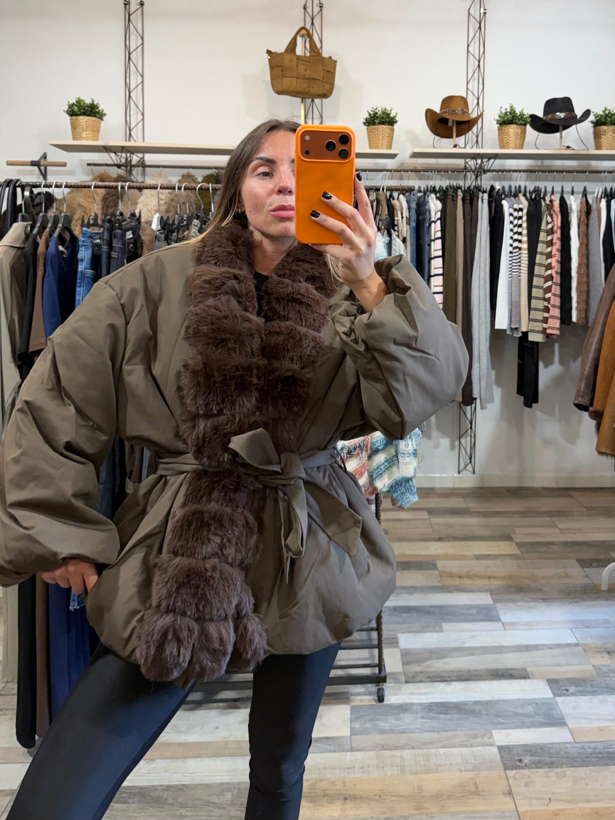 Bomber kimono Cracovia inserti in ecopelliccia con cintura annodabile kaki