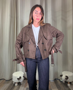 Trench corto scamosciato ecocamoscio marrone