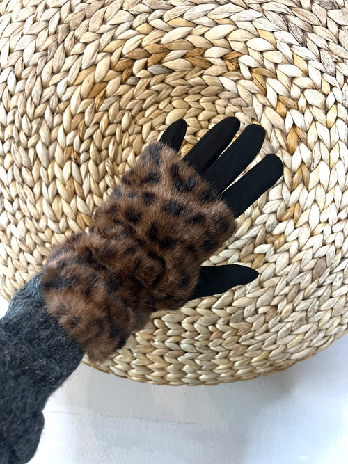 Guanti scamosciati con inserto in ecopelliccia animalier estraibile neri