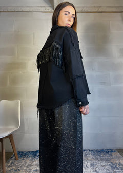 Camicione in denim con frange e strass