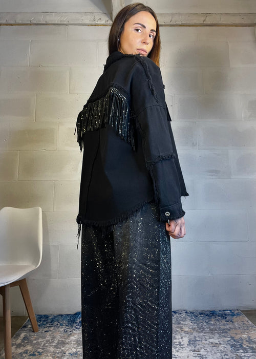 Camicione in denim con frange e strass