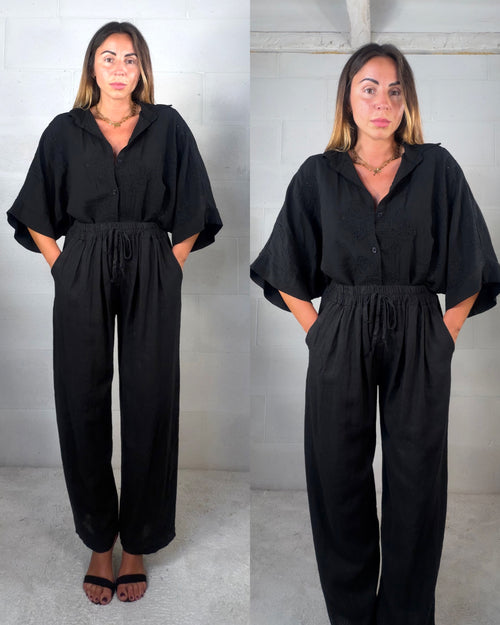 Pantalone 7/8 in misto lino nero