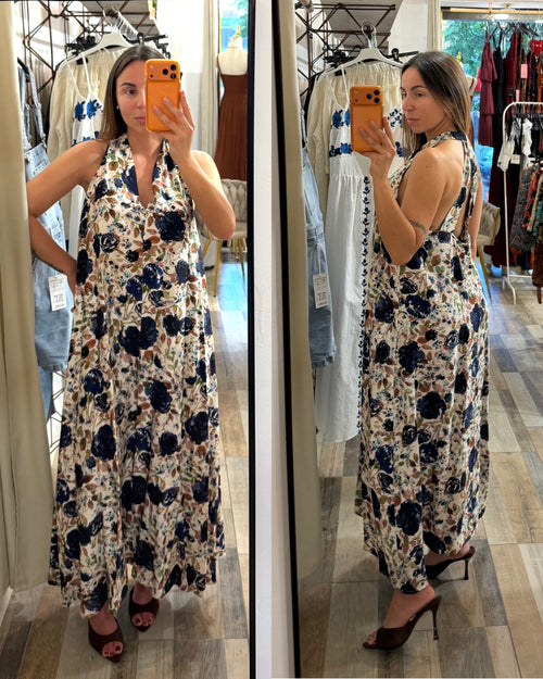 Maxi abito floreale blu struttura a triangolo in 87% viscosa