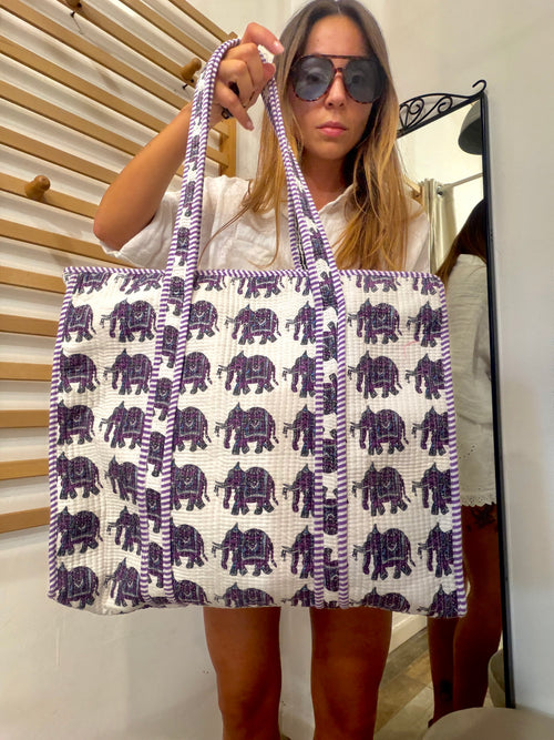 Borsa mare 100% cotone motivo elefanti viola