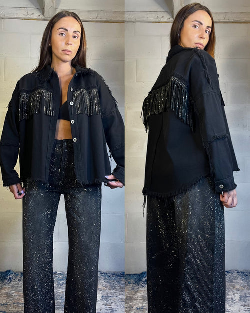 Camicione in denim con frange e strass