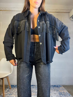 Camicione in denim con frange e strass
