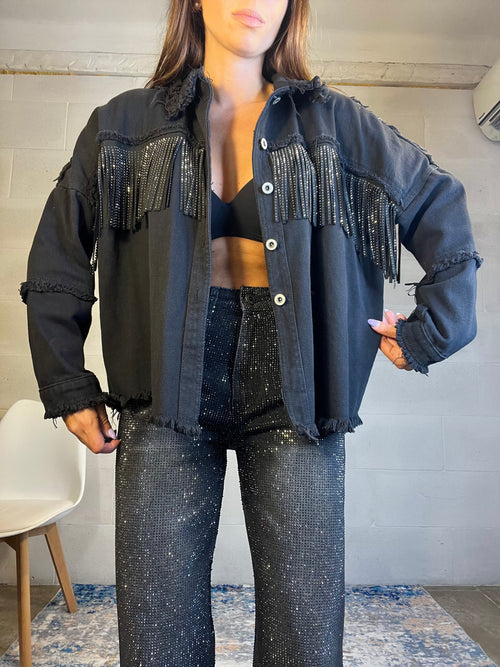 Camicione in denim con frange e strass