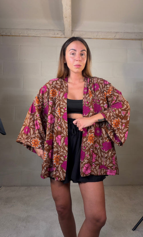 Kimono Indonesia marrone viscosa misto cotone