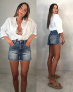 Short in denim frangette lavaggio medio
